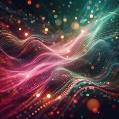 Abstract composition with undulating lines from pink to green creates a sense of depth and movement. Glowing dots add a sideways effect.