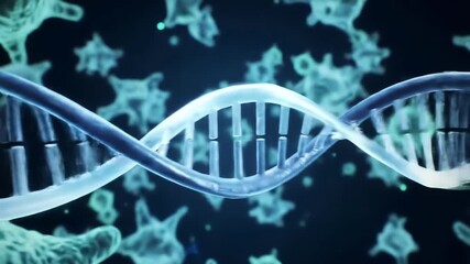Dynamic 3D animation of a glowing blue DNA double helix structure rotating amidst abstract microscopic virus or bacteria cells representing genetic research biotechnology and medical science. - Powered by Adobe