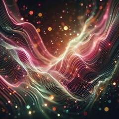 Abstract composition with undulating lines from pink to green creates a sense of depth and movement. Glowing dots add a sideways effect.