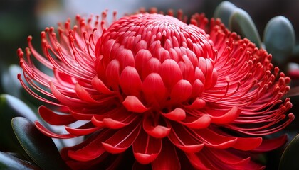 Intricate Waratah Blossom Vibrant Red Soft Focus Background Plant Texture