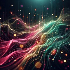 Abstract composition with undulating lines from pink to green creates a sense of depth and movement. Glowing dots add a sideways effect.