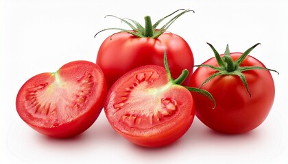Ripe Juicy Red Tomatoes Vegetable With Cut Isolated On White Background
