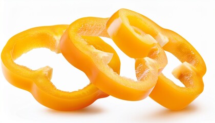 Falling Yellow Pepper Slices Isolated On White Background Full Depth Of Field