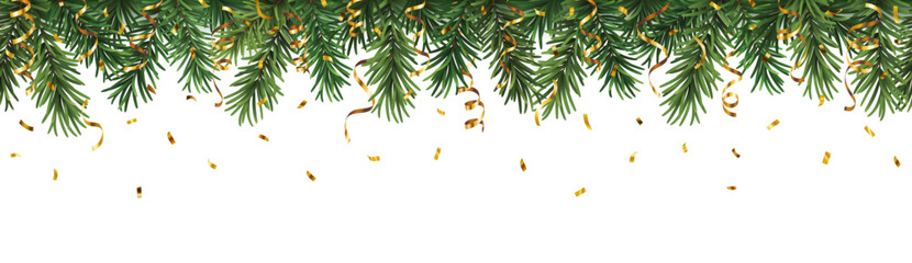 Decorative vector border with green christmas branches and gold streamers and falling confetti - seamless pattern © Kateina