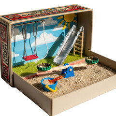 Miniature playground inside a matchbox isolated on transparent background, showcasing childhood imagination and creativity