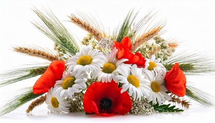 Bouquet Of Summer Flowers From Daisies Poppies Wheat And Bells Isolated On White Background