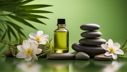Spa Stones With Flowers And Essential Oil Bottle On Green Background
