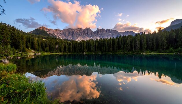 Tranquil mountain lake reflects sky, clouds, trees & mountain range in its clear water - Powered by Adobe