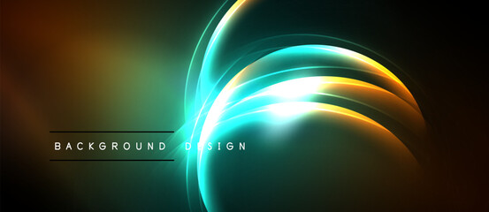Abstract luminous curves create dynamic background. Bright colors blend, forming elegant design elements. Dark space emphasizes glowing shapes.