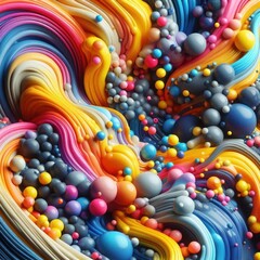 Bright abstract background with wavy pattern and smooth glossy balls, iridescent rainbow colors, creates a feeling of dynamism and joy, filling the space with energy.