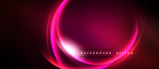 Abstract neon glow, pink hues dominate dark background. Circular layers create dynamic visual effect. Modern design element.
