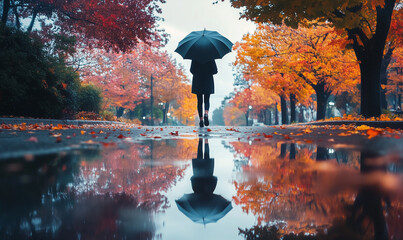 A person with an umbrella walking down a wet street, reflections of colorful autumn trees in puddles, raindrops on the umbrella, atmospheric lighting. Reflection.