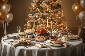 Christmas Dinner table with roasted turkey, mashed potatoes, sugar cookies and a vibrant Christmas tree in the background.