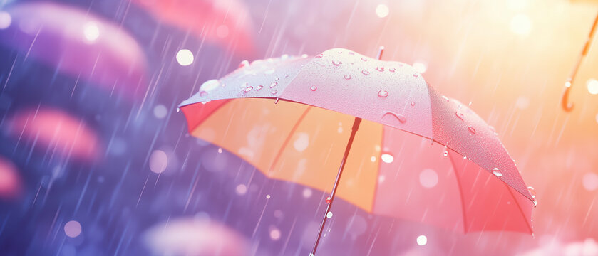 Blurred out rainy abstract background with umbrellas and lots of bokeh and room for text.