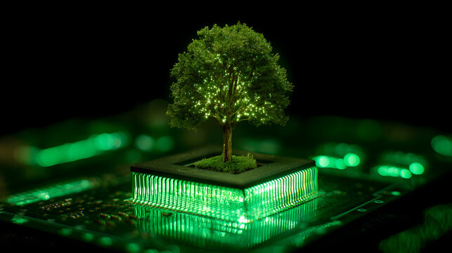 Green tree growing on a microchip symbolizing technology and nature harmony in digital world