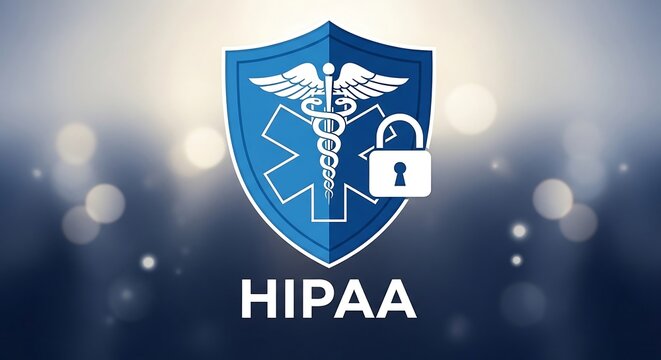 hippa compliance protection a secure medical records shield with lock ideal for healthcare industry marketing emphasizing data privacy regulations and trust.