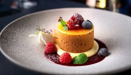 Close Up Horizontal Image A Fancy Dessert In A Context Of A Fine Dining Restaurant Generative Ai