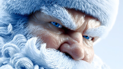 Intense Blue Santa Claus Face Close-Up With Icy White Beard Futuristic Modern Christmas Concept Dramatic Portrait