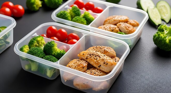 Healthy meal prep containers with grilled chicken, fresh broccoli, and cherry tomatoes for a balanced diet lunch box - Powered by Adobe