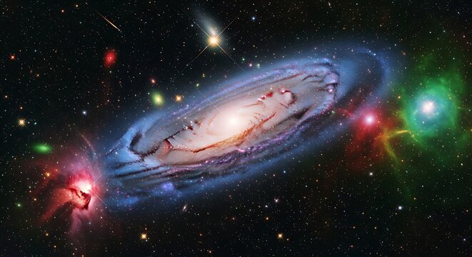 A spiral galaxy with nebulas in a starfield view - Powered by Adobe