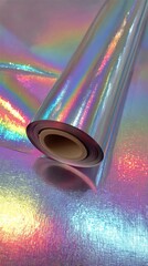 Stunning iridescent holographic foil displaying mesmerizing rainbow light reflections and shimmering patterns.