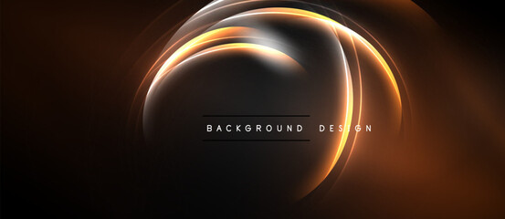 Abstract design features glowing orange lines, curves, circles over dark background. Minimalist aesthetic, modern feel.