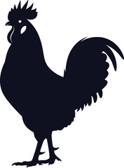 Black Rooster Silhouette Standing Upright with Prominent Comb, Curved Tail Feathers, Alert Posture for Farm, Rural, Animal Vector Design