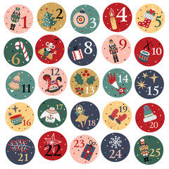 Nutcracker christmas advent calendar design. Colorful  illustration, background for calendar, wall decor, card, banner etc.
