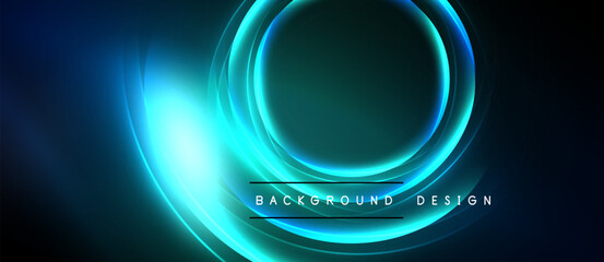 Abstract neon lights create circular shapes. Dark background emphasizes glowing blue, turquoise elements. Modern design for digital visuals.