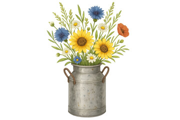 Rustic watercolor bouquet with sunflowers, wildflowers, and poppies in a vintage milk can, transparent background
