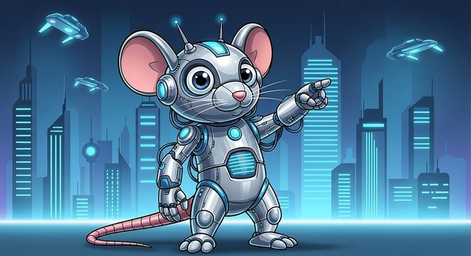 robotic mouse pointing in a futuristic city with flying drones symbolizing technology advancements for web design ai and innovation