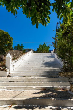 Fiskardo,Greece - August 11 2025: Street view of Fiskardo village on island  Kefalonia Greece 