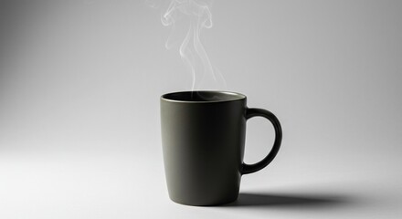 A ceramic mug filled with a dark, steaming beverage, emitting visible vapor against a pristine white studio backdrop, conveying warmth and comfort ,break ,dark liquid ,relaxation