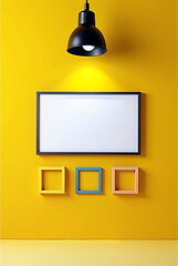 a vibrant yellow wall with framed picture and colorful shelves under a black lamp