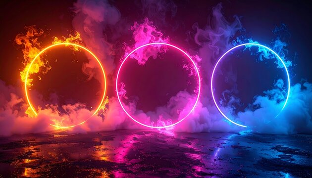 Three glowing neon circles in orange, pink, and blue, surrounded by vapor on a dark, glossy surface reflecting the colors
