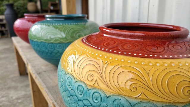 Handmade ceramic glazes showcase vibrant colors and intricate designs on pots displayed outdoors