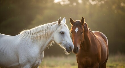 two horses at golden hour interacting peacefully in a meadow symbolizing equine companionship and natural beauty for animal welfare campaigns