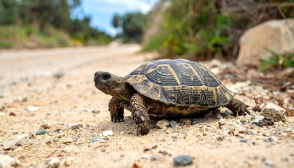 Fototapeta premium Turtle slowly crosses a sandy path, surrounded by lush green vegetation under a bright, partly cloudy sky