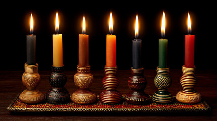 Traditional Kwanzaa kinara with seven candles glowing bright