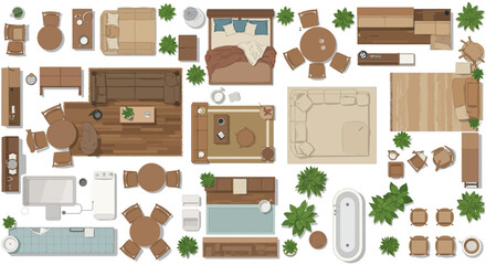 floor plan layout with furniture and plants top view showing bedroom living room kitchen and bathroom for interior design projects.