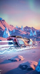 A sleek, futuristic vehicle with glowing blue energy trails speeds through a vibrant, snowy, mountainous terrain under a pastel sky.