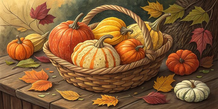 Colorful harvest squash basket filled with autumn bounty resting on wooden table
