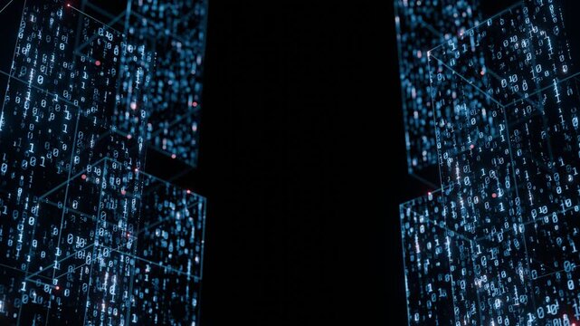 Futuristic digital data floating binary code and glowing blue cubes for technology, cybersecurity, blockchain, and artificial intelligence. Seamless loop background.. Created using non-AI 3d software