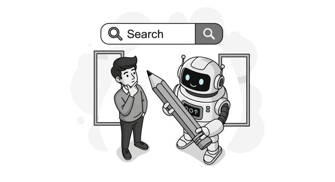AI content creation assistance thoughtful man pondering robot writer holding a pencil generating new content for blog header illustration