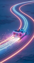 A futuristic neon-lit snowmobile races on a glowing track through a snowy landscape, leaving vibrant light trails.