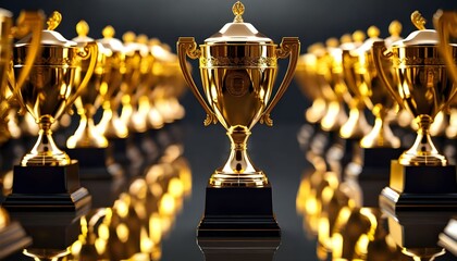Gleaming golden trophies arranged in a symmetrical display, representing achievement and success.