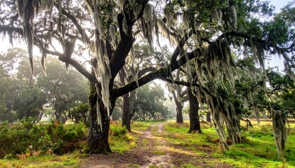 A sun-dappled dirt path winds through majestic trees draped with long, silvery moss. The air is hazy, and the landscape is lush and green