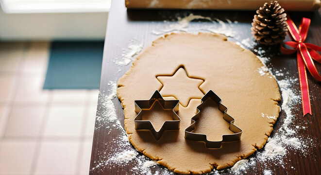 Cookie dough with star and tree cutters, fest of gingerbread for Christmas baking.