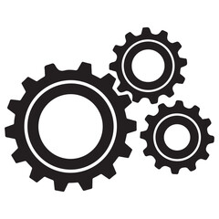 Three Interlocking Black Gears Icon on a White Background