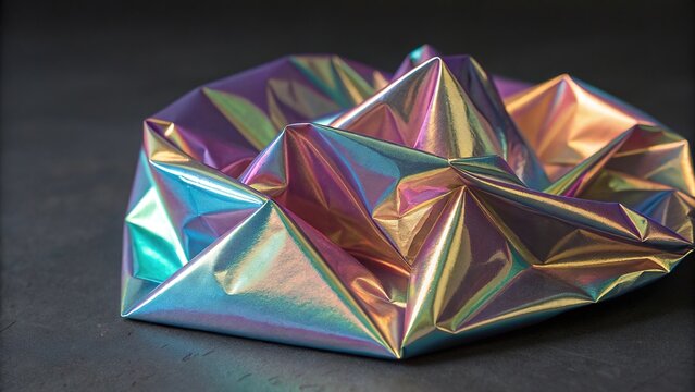 Crumpled iridescent metal foil sparkles under light highlighting its unique colors and textures